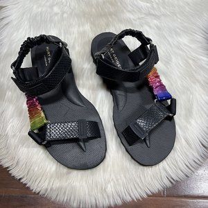 NEW Kurt Geiger Men's Size 43.5 / US 10 Black Rainbow  Leather Orion‎ Sandals